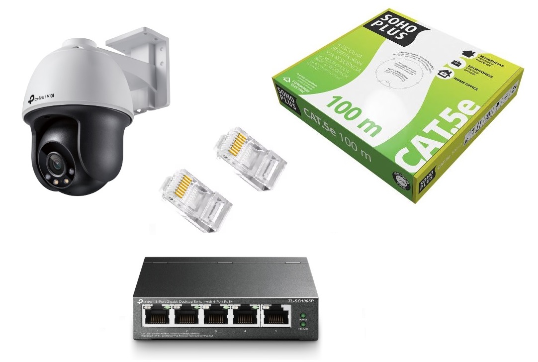 Kit Câmera IP TP-Link VIGI C540 4MP + Switch TP-LINK PoE + Cabo Cat.5E 100M+2 Conectores RJ45 Vazados